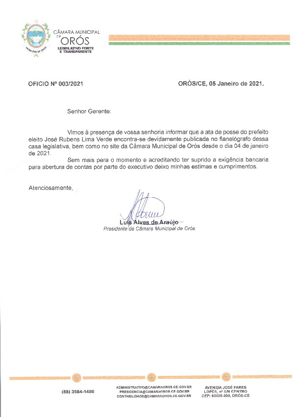 OFICIO Nº 003/2021 - ORÓS/CE, 05 Janeiro de 2021.